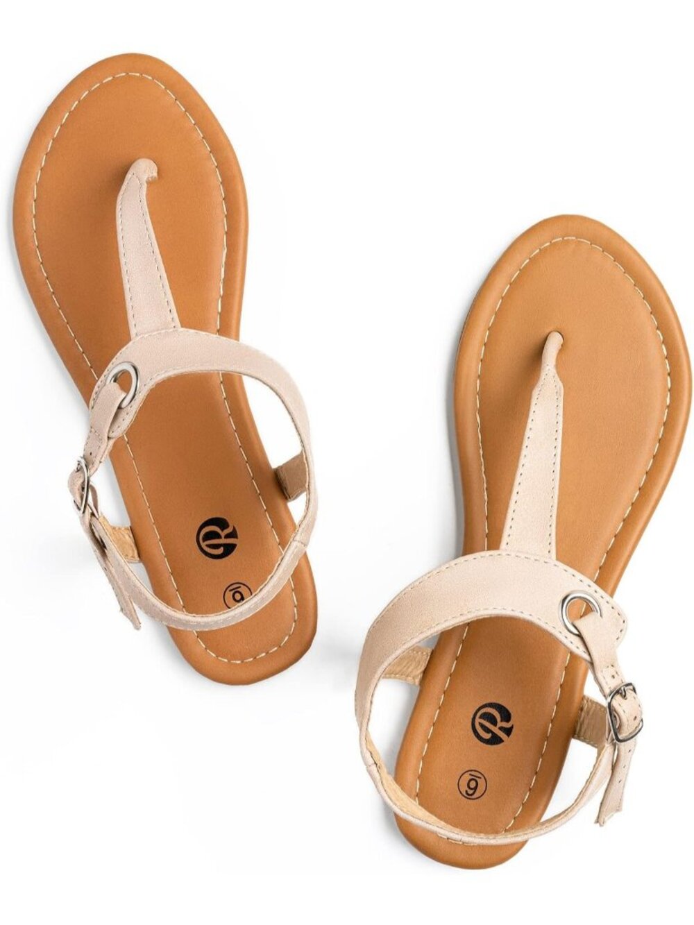 Women's Nude Leather Adjustable Ankle Buckle with T-Strap Flats Thong Sandals